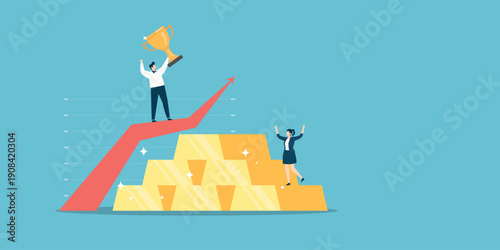 Flat characters of a man holding a trophy on a rising growth chart and a woman celebrating on a stack of gold bars. Success, wealth, and financial achievement theme.