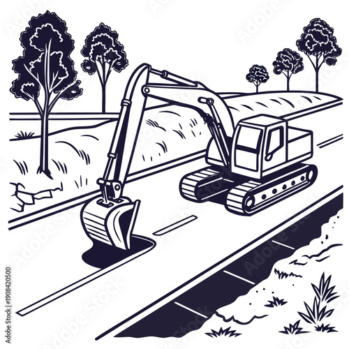 Excavator Trenching Roadside Drainage Channel, Clean Vector Design