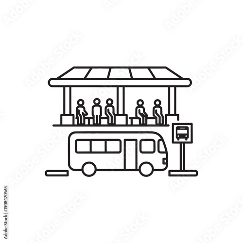 Bus stop with passengers waiting for a bus under a roof with solar panels