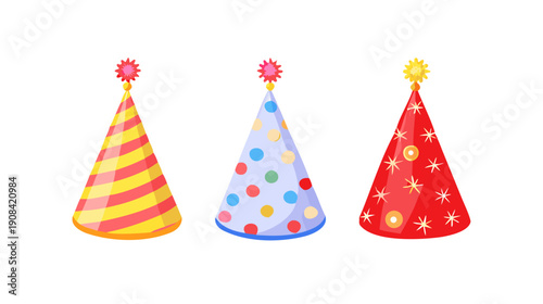 Set of Birthday party hats isolated on white background. Vector party cones with cute decoration. Christmas caps collection. vector icon
