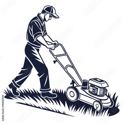 Landscaper Mowing Lawn with Push Mower Isolated on White