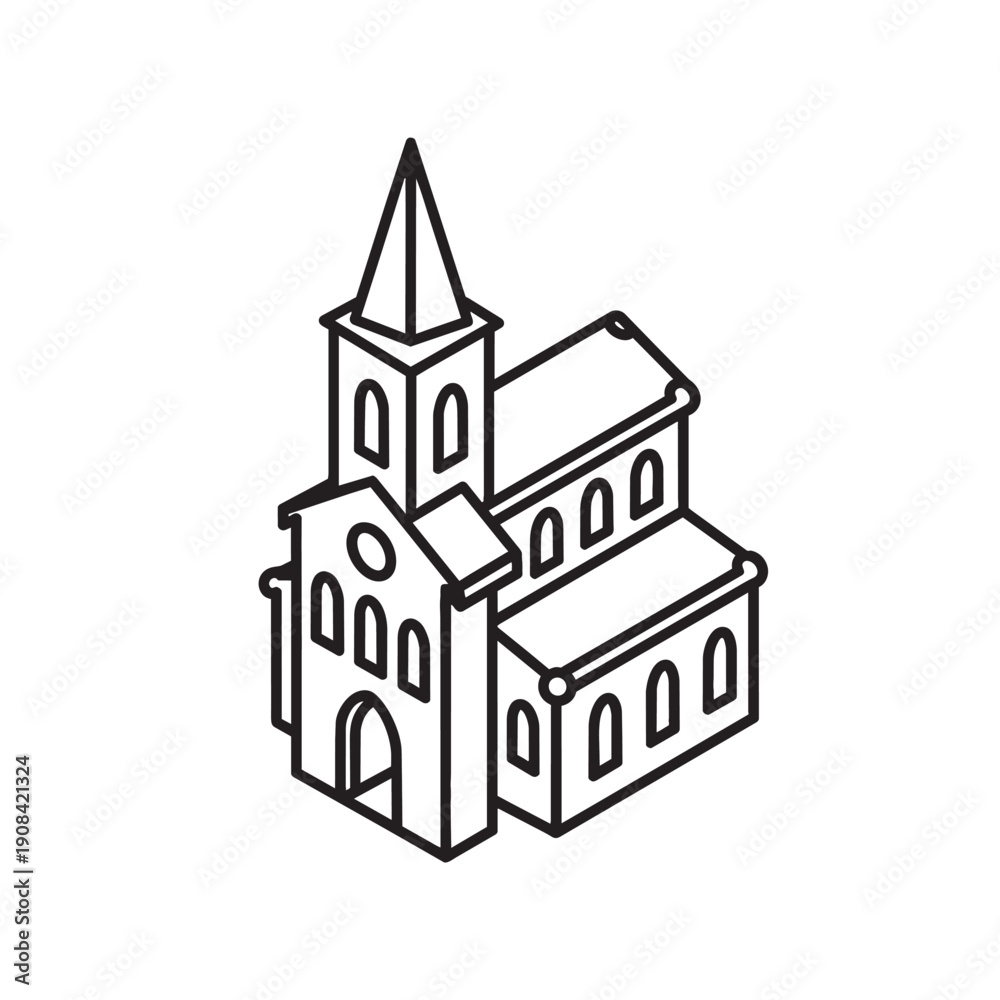 Fototapeta premium Isometric line of a church with a tall steeple and arched windows building line steeple