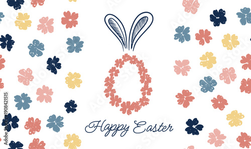 Rabbits's ears and egg with flowers, Happy Easter. Hand drawn illustration.	
