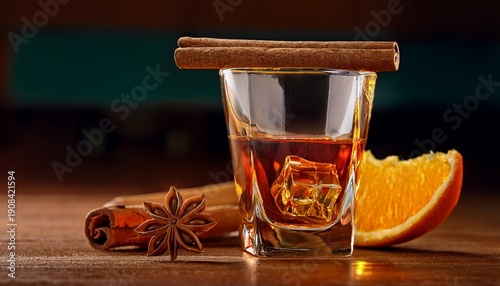 A Glass Of Liquor With A Cinnamon Stick And An Orange Slice In Front Of It