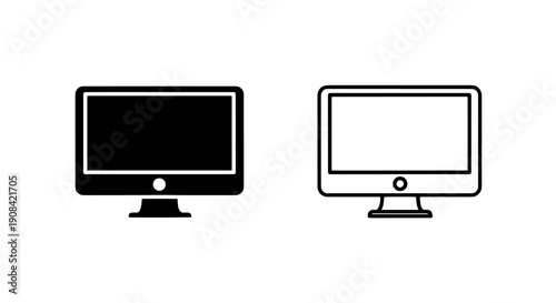 Desktop Computer Monitor Icon in Solid and Outline Styles for Digital and Office Technology