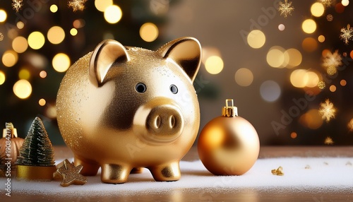 Saving For The Holidays Golden Piggy Bank With Festive Theme