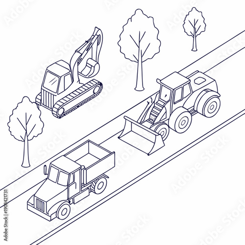 Road Construction Zone with Heavy Machinery Lineup Illustration