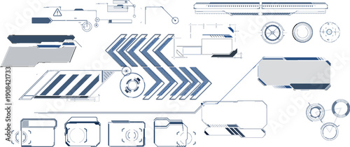 Various geometric shapes, arrows, and design elements typically used in digital interfaces. The focus is on clean lines and structured layouts suitable for different applications.