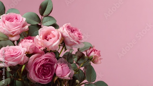 Beautiful Bouquet of Pink Roses with Green Leaves on a Soft Pink Background.