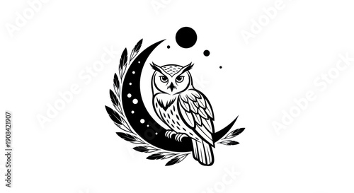 Owl illustration perched on crescent moon