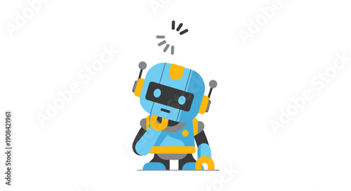 A cheerful cartoon robot with expressive eyes and a surprised face expression