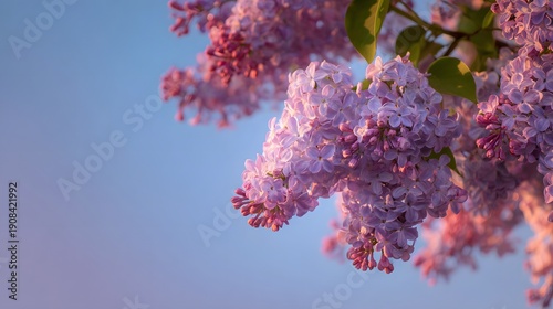 Close up of blooming lilac flowers against a soft blue sky.