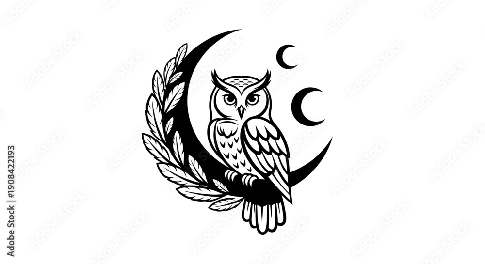 Fototapeta premium Owl on crescent moon illustration