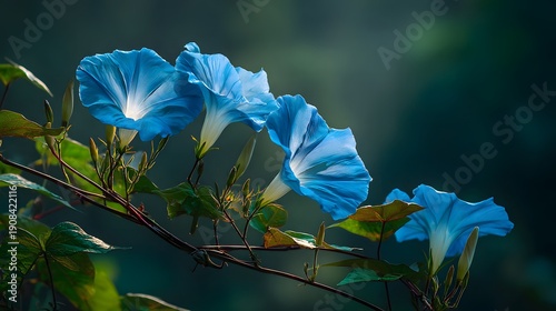 Vibrant Blue Morning Glory Flowers Blooming in Soft Sunlight.