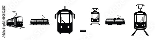 Vector set illustration of tram icons. Simple transport silhouette icon design collection.