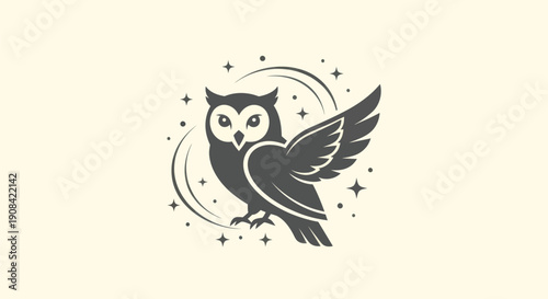 Owl illustration with wings spread and stars