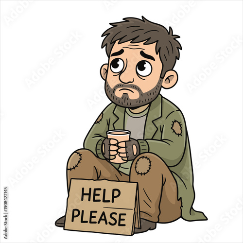 Sad Homeless Man Sitting with Help Please Sign - Poverty and Social Issues Cartoon Illustration Vector