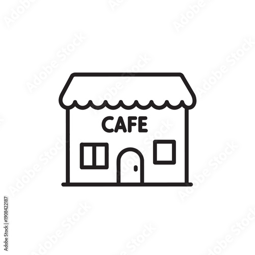 Simple black and white cafe building with awning and door line awning