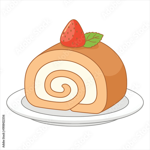 Delicious Strawberry Swiss Roll Cake Slice - Sweet Cream Sponge Roll with Fresh Fruit Topping Illustration