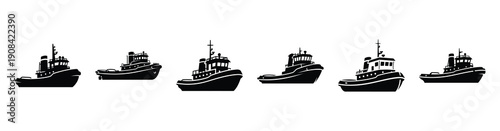 Vector set illustration of tugboat icons. Simple transport silhouette icon design collection.
