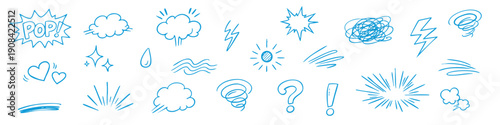 Hand-drawn comic book elements and doodle icons set. Black, blue, red ink sketch of speech bubbles, lightning, stars, and expressive symbols on white background.