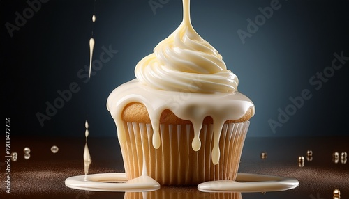 Creamy White Chocolate Glaze Spilling Down A Tall Cupcake