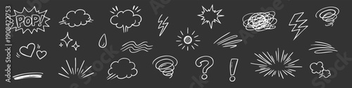 Set of hand-drawn comic book elements, emotional symbols, and speech bubbles on a dark background. Vector doodle collection for manga and anime.