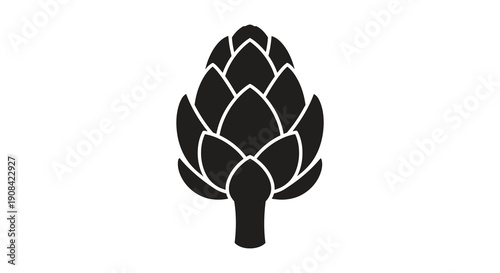 A striking black and white illustration depicts a single artichoke showcasing its layered geometric form and stem high quality professional