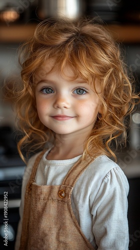 Adorable toddler with curly auburn hair, bright blue eyes, and a sweet smile, wearing a light beige overall dress