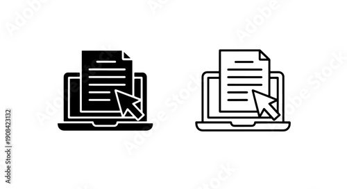 Laptop Computer with Document and Mouse Pointer Icon for Online Review or Selection
