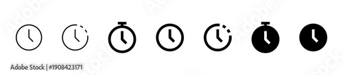 clock and time icon set. clockwise, time passing, stopwatch and timer icons , history or watch later sign