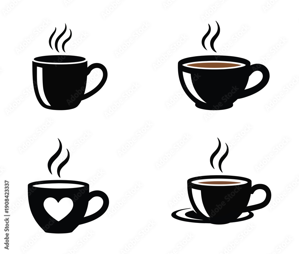 Obraz premium Coffee Mug and Tea Cup icons, vector illustration of hot beverage symbols with steam and heart, clean flat design, isolated on white background, perfect for cafes, restaurant branding, websites, mobil