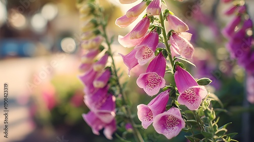 Close-up of Pink Foxglove Flowers in Soft Sunlight.