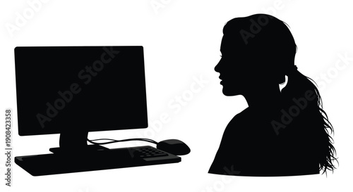 A dark silhouette of a woman facing a computer suggesting work or leisure activities online silhouette high quality