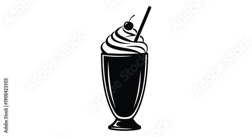 A black and white illustration depicts a tall chocolate milkshake with a swirl of whipped cream and a cherry
