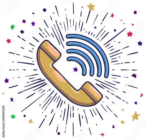 Cartoon Phone Receiver with Radio Waves and Stars. Call Us Contact Communication Support Assistance Retro Design