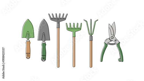 Gardening tools set including trowel, cultivator, pruner