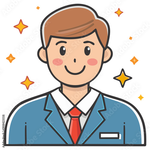 Smiling friendly cartoon businessman character in blue suit and red tie with sparkles