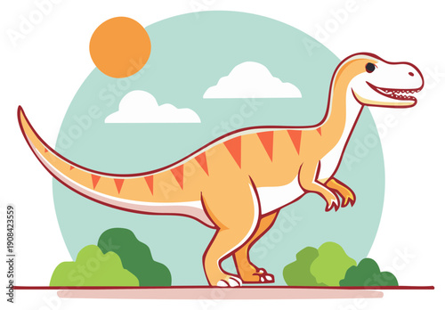 Cartoon Tyrannosaurus Rex Roaming in Prehistoric Scene Under the Sun with Green Bushes