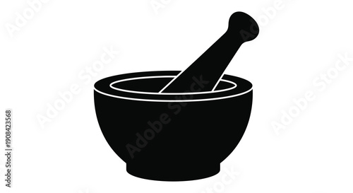 A simple black silhouette depicts a traditional mortar and pestle a tool used for grinding substances silhouette