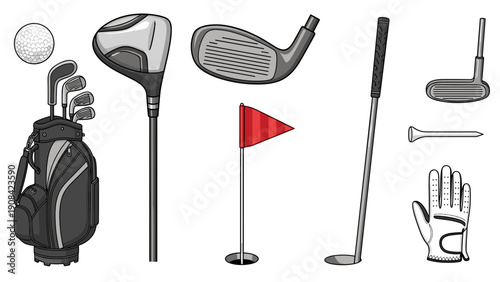 Golf equipment set including bag, clubs, ball, flag, and glove