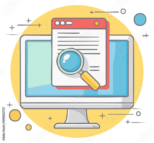 Magnifying glass searching a digital document on a computer screen for online research and analysis