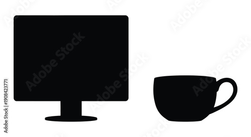 A simple composition showcases a computer monitor and a coffee cup in stark black creating a minimalist silhouette