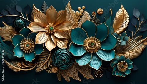 A Stunning Arrangement Of Teal And Gold Flowers With Intricate Detailing And Dark Background