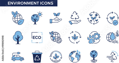 Professional environment and sustainability icon set featuring renewable energy recycling programs eco-friendly initiatives global conservation and green technology vector elements