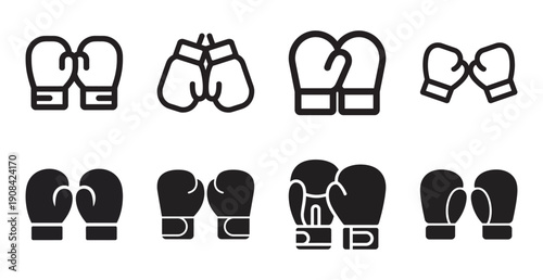 A collection of black and white icons featuring eight pairs of boxing gloves in both outline and solid styles.