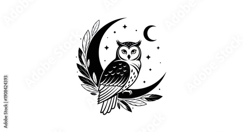 Owl on crescent moon illustration