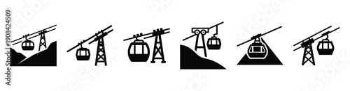 Vector set illustration of cable railway icons. Simple transport silhouette icon design collection.