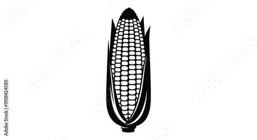 A striking black and white illustration depicts a full ear of corn with detailed kernels a bold silhouette high quality