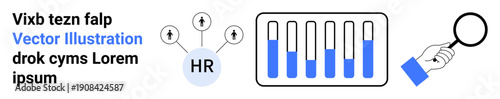 HR icon connected to profiles, bar chart visualization for data analysis, hand holding magnifying glass. Ideal for HR management, recruitment, data analysis, trend tracking, job search, workforce